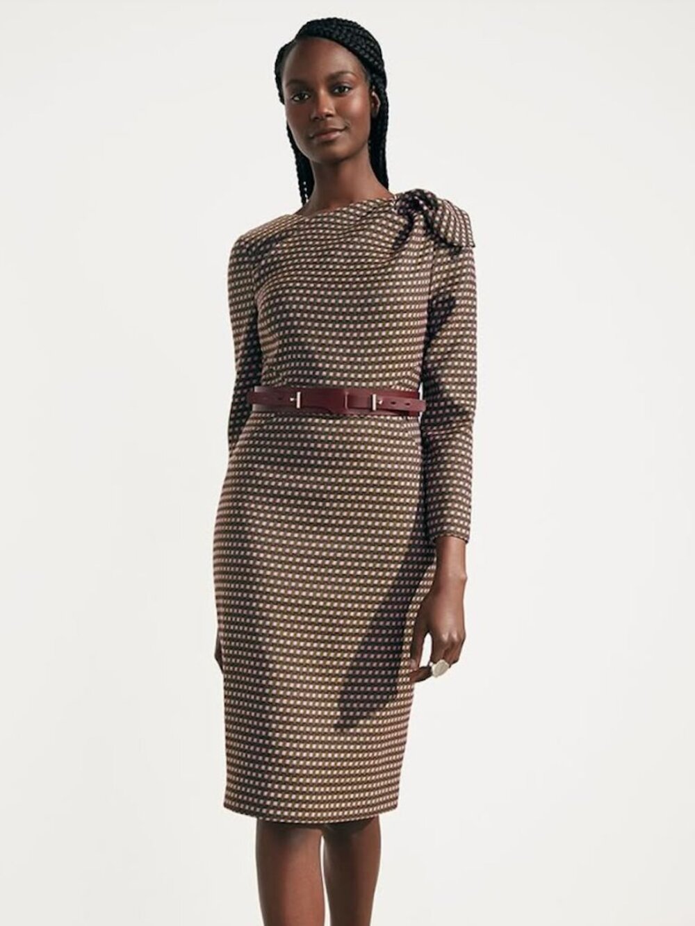 The Fold London NWT Long Sleeve Stretch Geometric Jacquard Dress Burgundy, sz 10